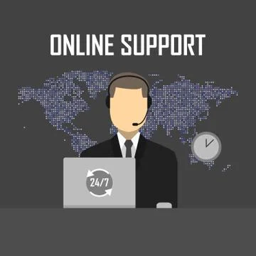 Online support concept vector illustration. Man with headphone and laptop in map 库存插图
