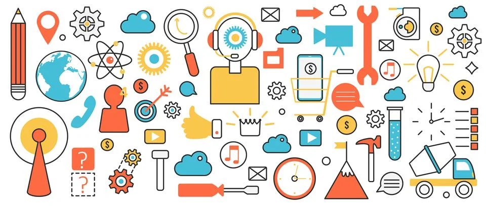 Online support for customers, work process of call center, hotline service and Stock Illustration