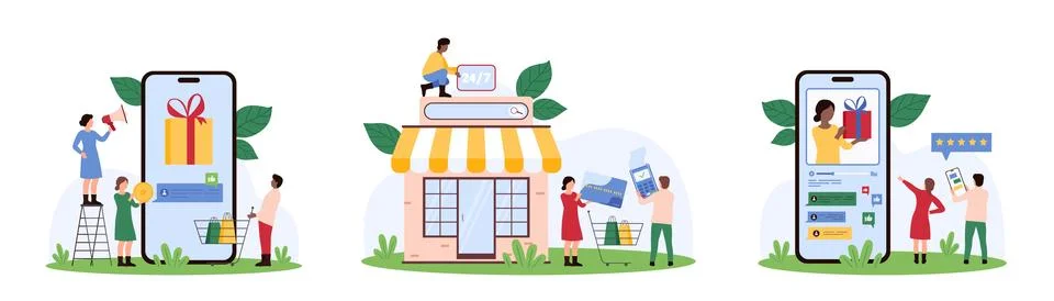 Online support round clock by tiny people, loyalty program with gifts, ecommerce イラスト素材