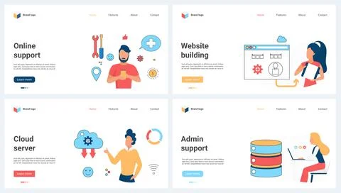 Online support service, cloud data server, website development set and tiny Stock Illustration