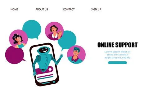 Online support website banner with chatbot and avatars of people, cartoon vector Stock Illustration