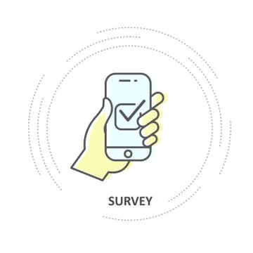 Online survey - checkbox on smartphone screen, hand holds smartphone and vote Stock Illustration