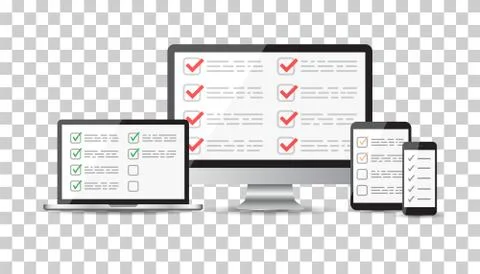 Online survey, checklist set. Tablet, computer, mobile blank screen. Feedback Stock Illustration