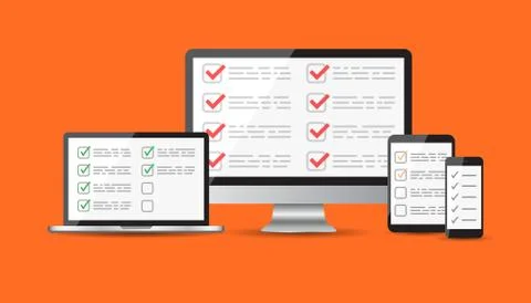 Online survey, checklist set. Tablet, computer, mobile blank screen. Feedback Stock Illustration