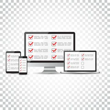 Online survey, checklist set. Tablet, computer, mobile blank screen. Feedback Stock Illustration