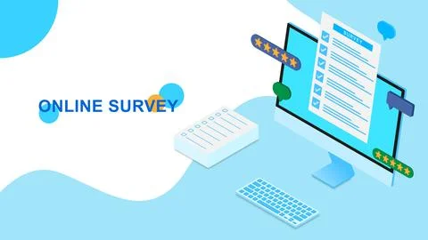 Online survey concept with computer and stack of paper documents Stock Illustration