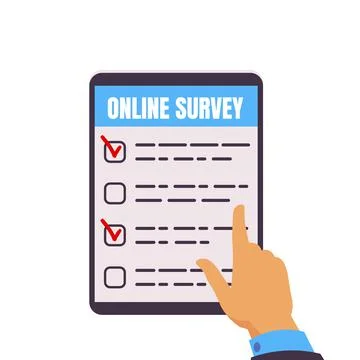 Online survey. Tablet computer with test form. Cartoon hand selecting and Illustrazione stock