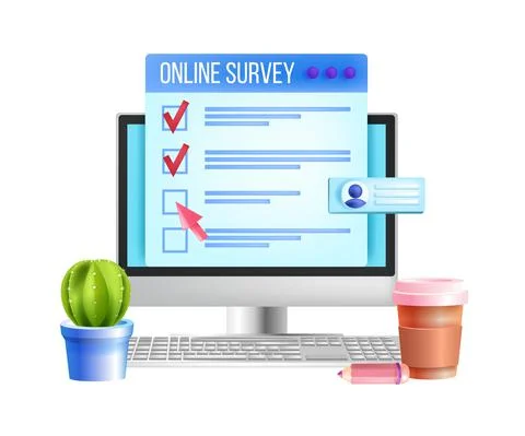 Online survey, web questionnaire vector form illustration computer screen Illustrazione stock