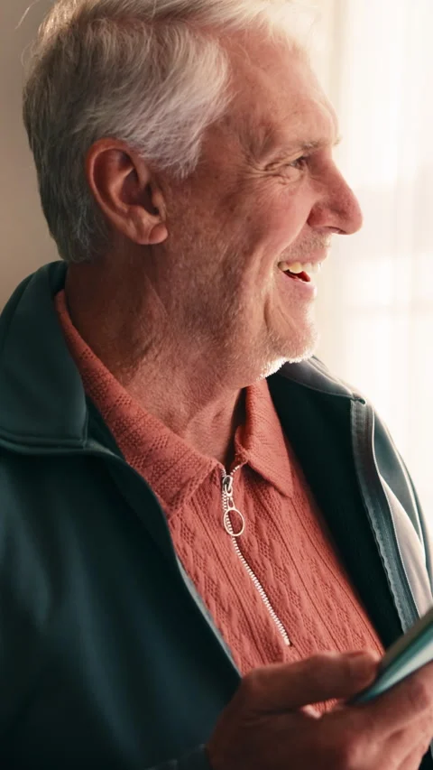 Online, tablet and old man in home with laugh, funny news update and Stock Footage 341563775