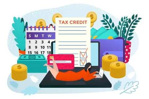 Online tax payment at computer, vector illustration. Flat business finance pay Stock Illustration