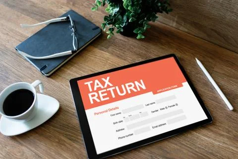 Online tax return application on screen. Business and finance concept. 스톡 사진