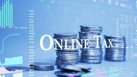 Online tax text on coins stack increase with business data hologram. Stock Footage 283435305