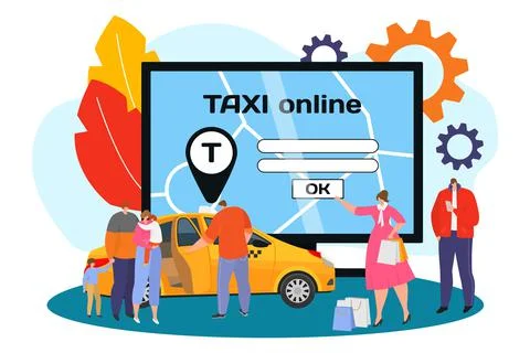 Online taxi at computer, vector illustration. Flat man woman character order car Stock Illustration