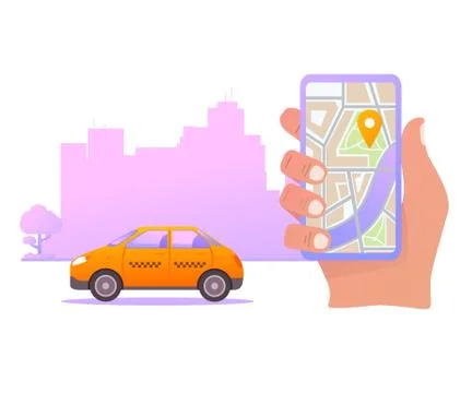 Online taxi order mobile application concept.Hand holding smart phone app on  Stock Illustration