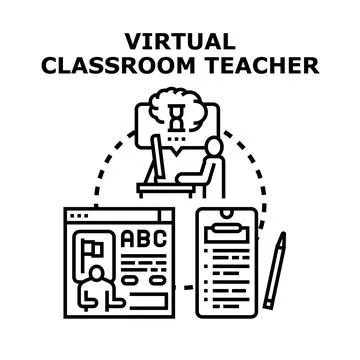 Online teacher conducting virtual classroom lesson technology Stock Illustration