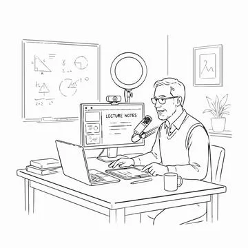 Online teacher recording lecture on computer with microphone Silhouette Stock Illustration