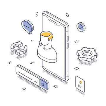 Online tech support assistance, showcasing a figure emerging from a smartphon Illustrazione stock
