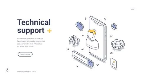 Online tech support help web banner, landing page template isometric line a.. Stock Illustration