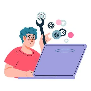 Online technical support of site or mobile app with technician fixing softwar Stock Illustration