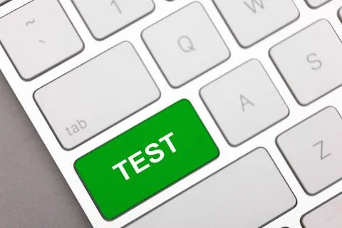 Online test. Computer keyboard with word on green button, closeup Foto stock