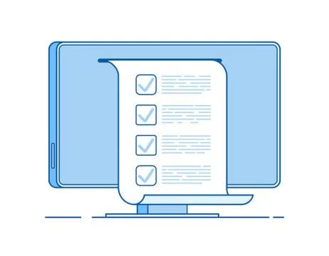 Online test. Computer quiz form on pc screen. Online checklist testing digital Stock Illustration