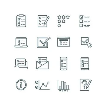 Online test, internet quiz, questionnaire, survey, exam, quizzes thin line Illustrazione stock