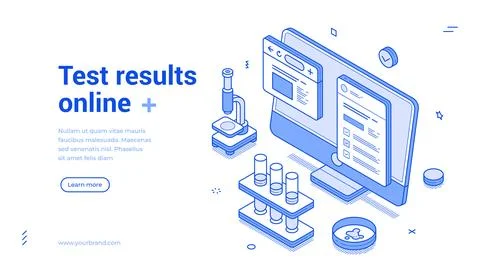 Online test results isometric web banner template. Medical laboratory and sci Stock Illustration