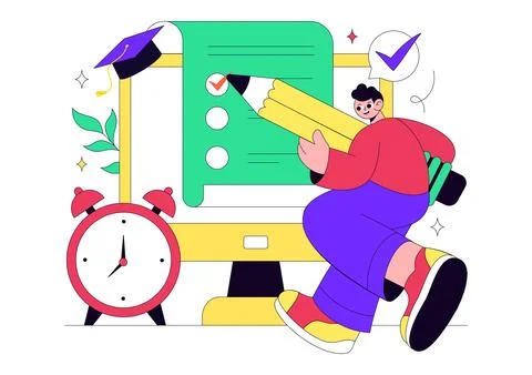 Online Test Vector Illustration Featuring Digital Exam, E Learning Assessme.. Stockillustratie