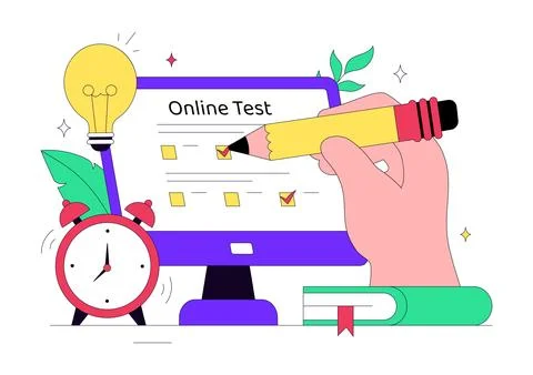 Online Test Vector Illustration Featuring Digital Exam, E Learning Assessme.. Stockillustratie