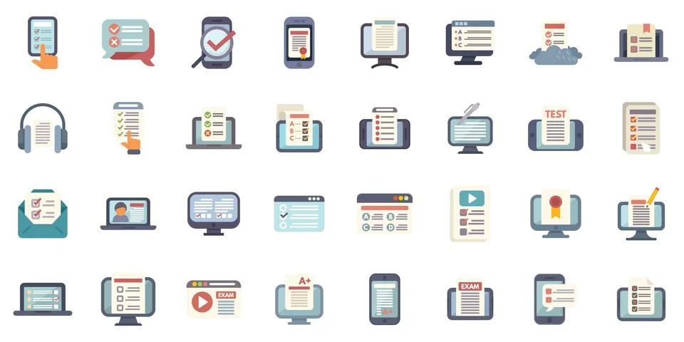 Online testing and checking with electronic devices icons set Stock Illustration