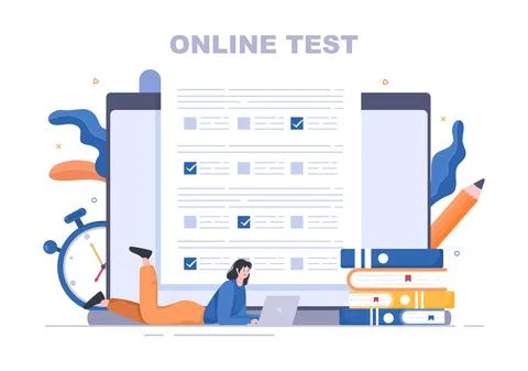 Online Testing Background Vector Illustration With Checklist, Taking Exam, Ch Stock Illustration
