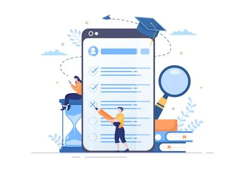 Online Testing Background Vector Illustration With Checklist, Taking Exam, Ch Stock Illustration