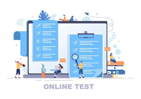Online Testing Background Vector Illustration With Checklist, Taking Exam, Ch Stock Illustration