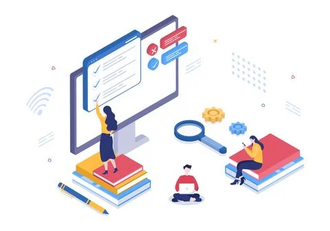 Online Testing Background Vector Illustration With Checklist, Taking Exam, Ch Stock Illustration