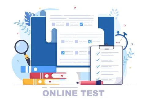 Online Testing Background Vector Illustration With Checklist, Taking Exam, Ch Stock Illustration