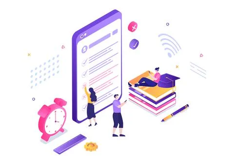 Online Testing Background Vector Illustration With Checklist, Taking Exam, Ch Stock Illustration