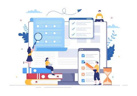 Online Testing Background Vector Illustration With Checklist, Taking Exam, Ch Stock Illustration