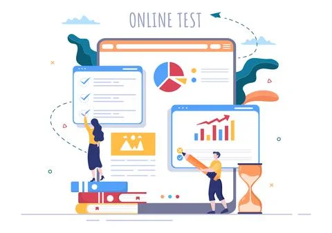 Online Testing Background Vector Illustration With Checklist, Taking Exam, Ch Stock Illustration