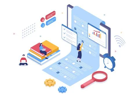 Online Testing Background Vector Illustration With Checklist, Taking Exam, Ch Stock Illustration