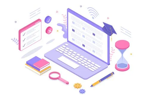Online Testing Background Vector Illustration With Checklist, Taking Exam, Ch Stock Illustration