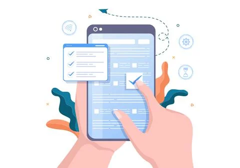 Online Testing Background Vector Illustration With Checklist, Taking Exam, Ch Stock Illustration
