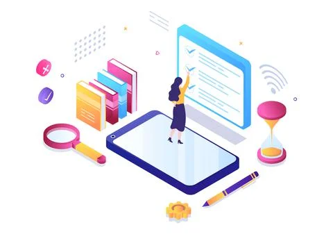 Online Testing Background Vector Illustration With Checklist, Taking Exam, Ch Stock Illustration