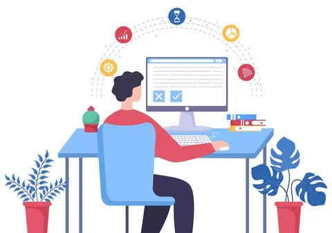 Online Testing Background Vector Illustration With Checklist, Taking Exam, Ch Stock Illustration