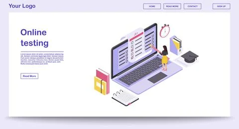 Online testing webpage vector template with isometric illustration Illustrazione stock