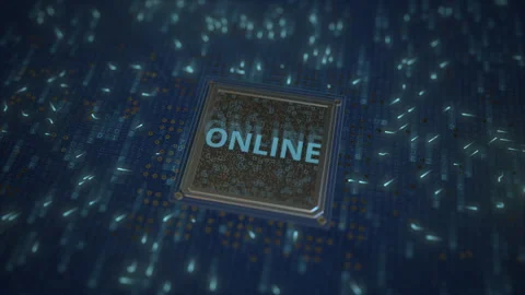 ONLINE text on a computer processor 3d animation Stock Footage 151377535