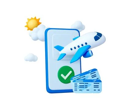 Online ticket 3d concept. Airplane travel, flight render scene. Plane fly from Stock Illustration