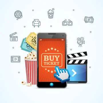 Online Ticket Cinema with Mobile App. Vector Illustrazione stock