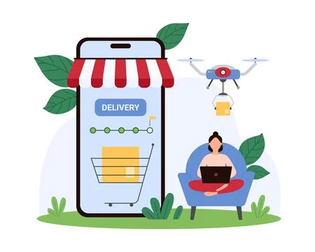 Online tracking of order delivery progress in mobile app, tiny woman monitoring Stock Illustration