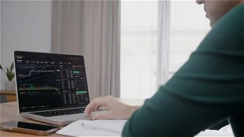 Online trader checking crypto currency graphs on laptop app screen, analist Stock Photos
