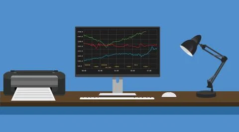 Online trading concept computer pc manage graph and stock report Stock Illustration